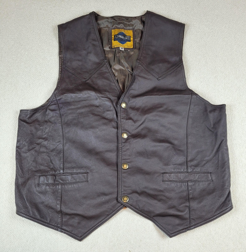 Vintage John F Gee Leather Vest Mens 005 Large Brown Button Front Biker Western